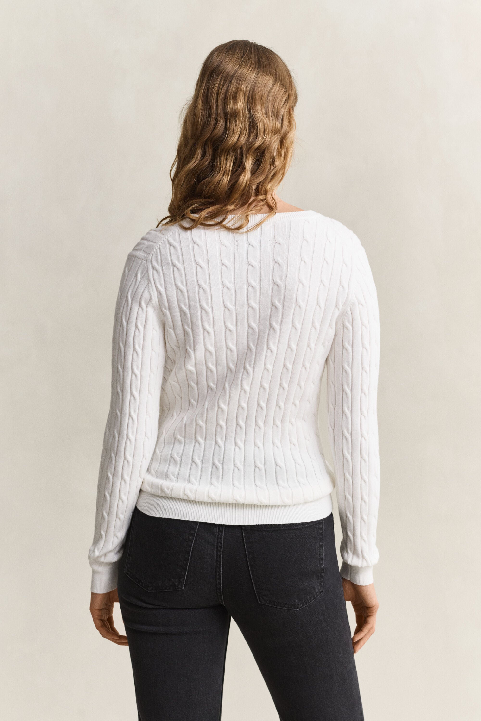 Stretch Cotton Cable Knit V-Neck Sweater