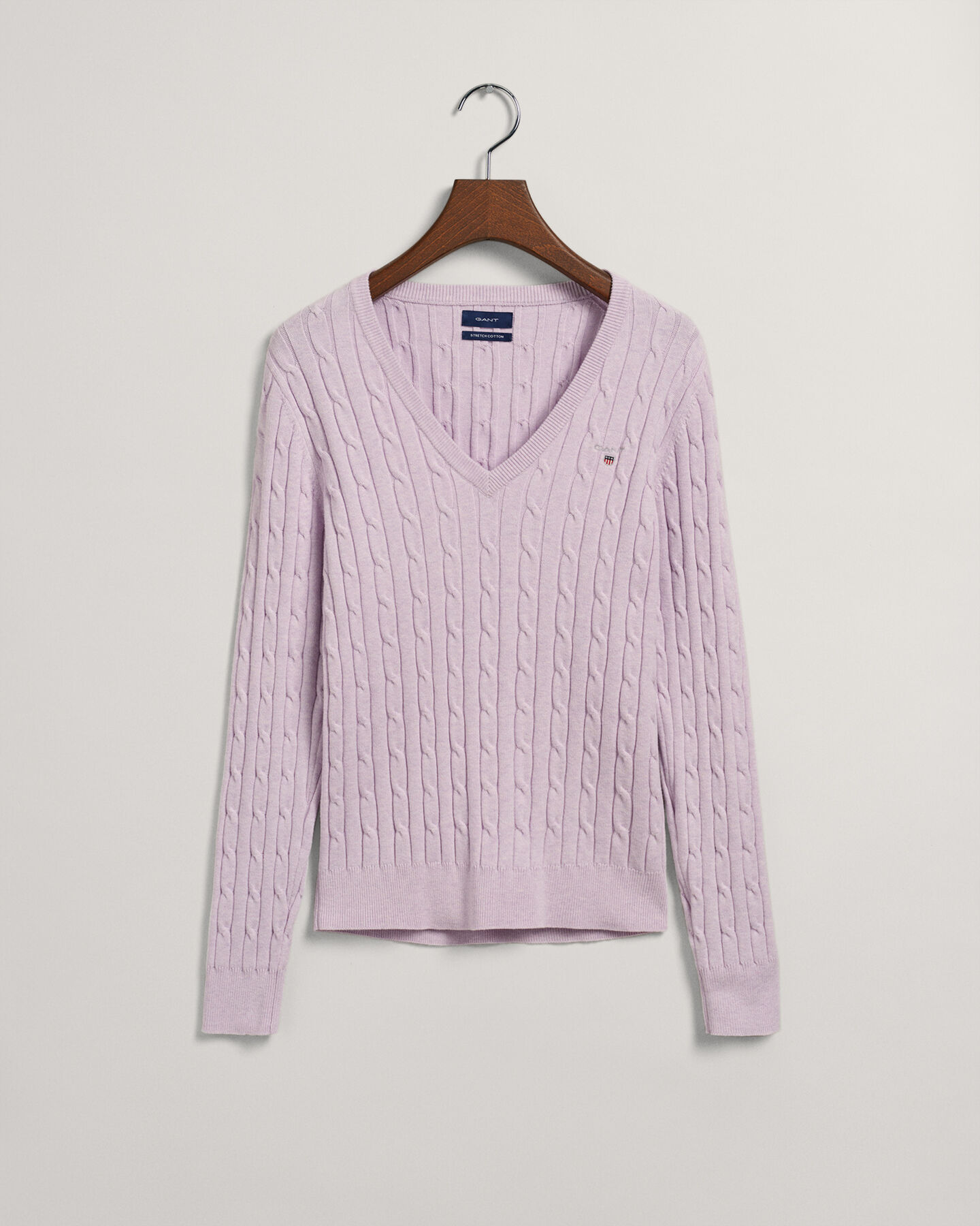 Stretch Cotton Cable Knit V-Neck Sweater