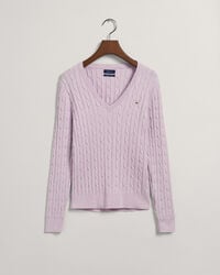 Stretch Cotton Cable Knit V-Neck Sweater