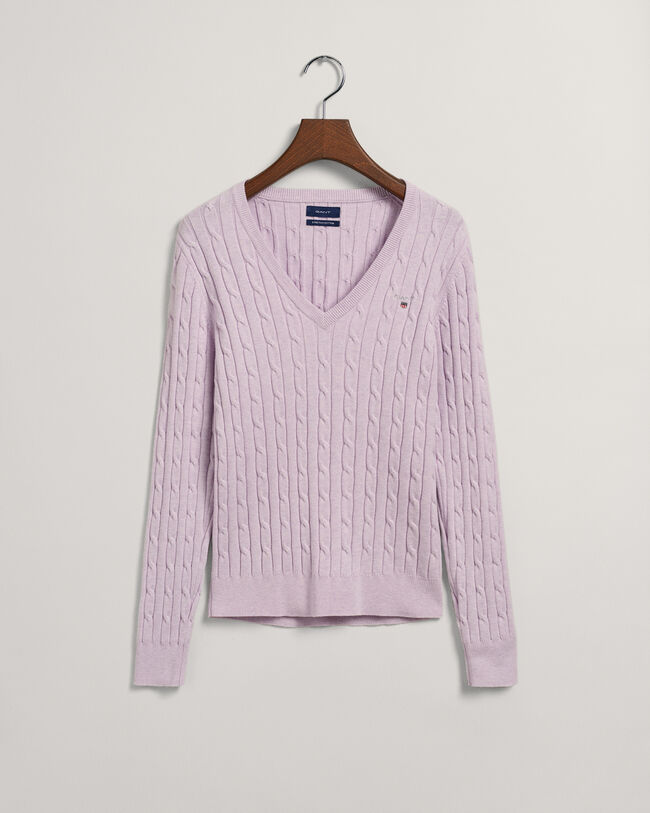 Stretch Cotton Cable Knit V-Neck Sweater