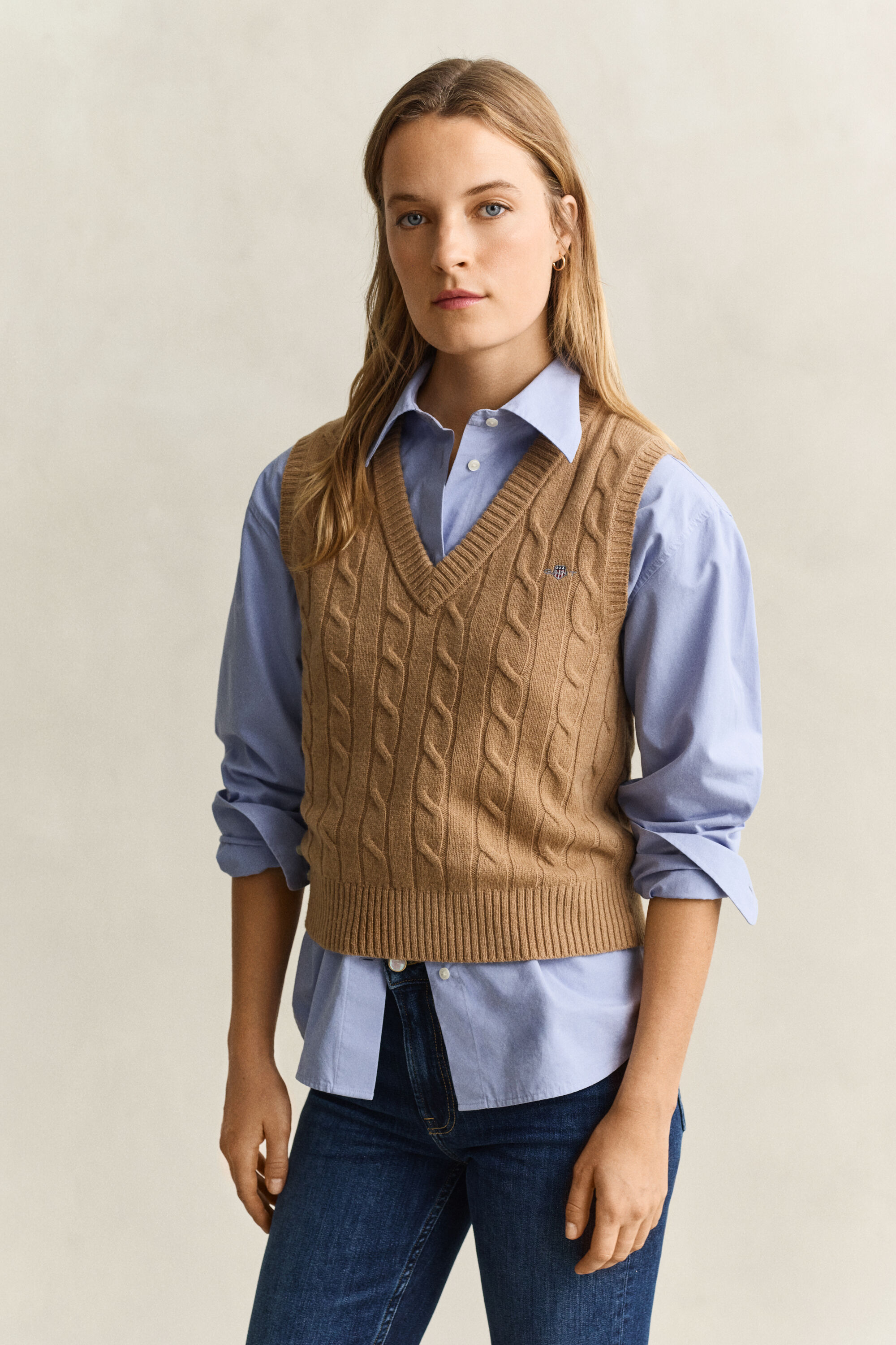 Lambswool Cable Knit Vest — WARM KHAKI