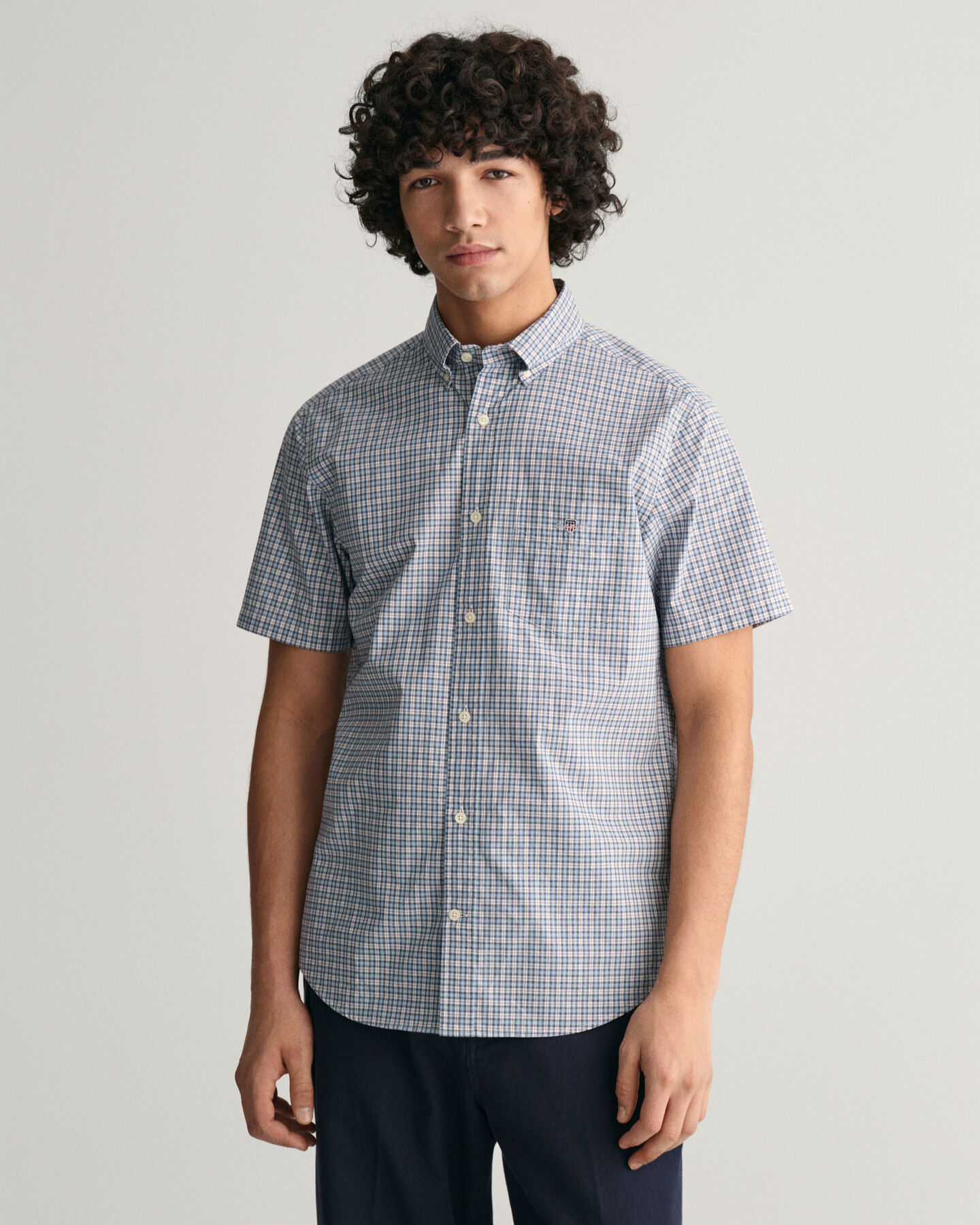 Regular Fit Micro Checked Poplin Short Sleeve Shirt - GANT 