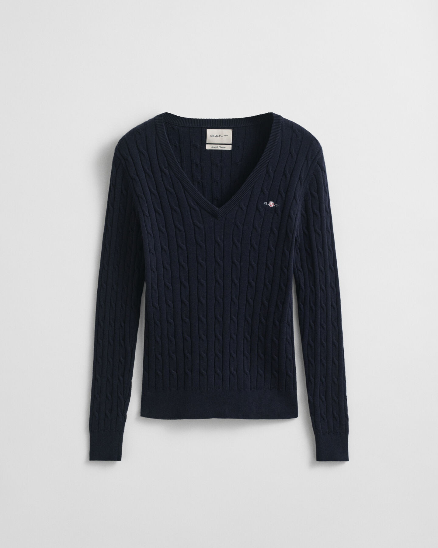 Stretch Cotton Cable Knit V-Neck Sweater