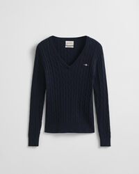 Stretch Cotton Cable Knit V-Neck Sweater