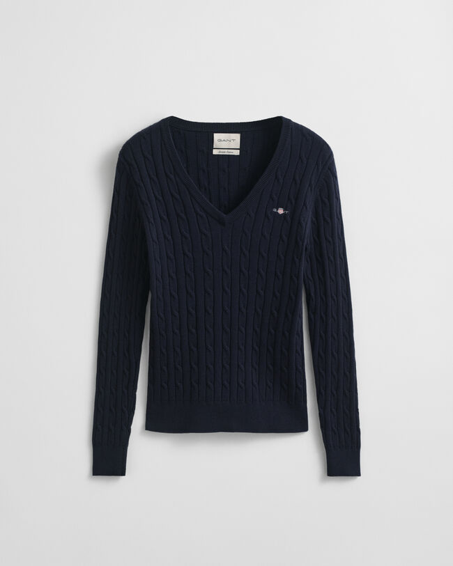 Stretch Cotton Cable Knit V-Neck Sweater
