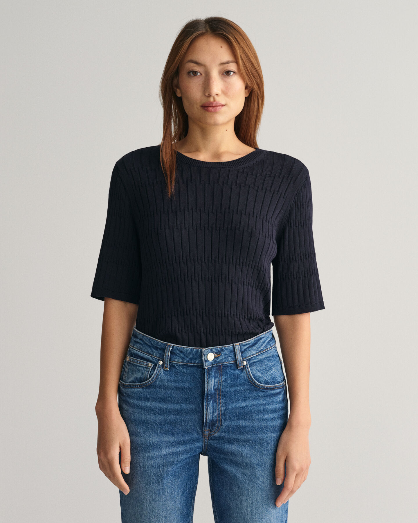 Textured Short Sleeve Crew Neck Sweater