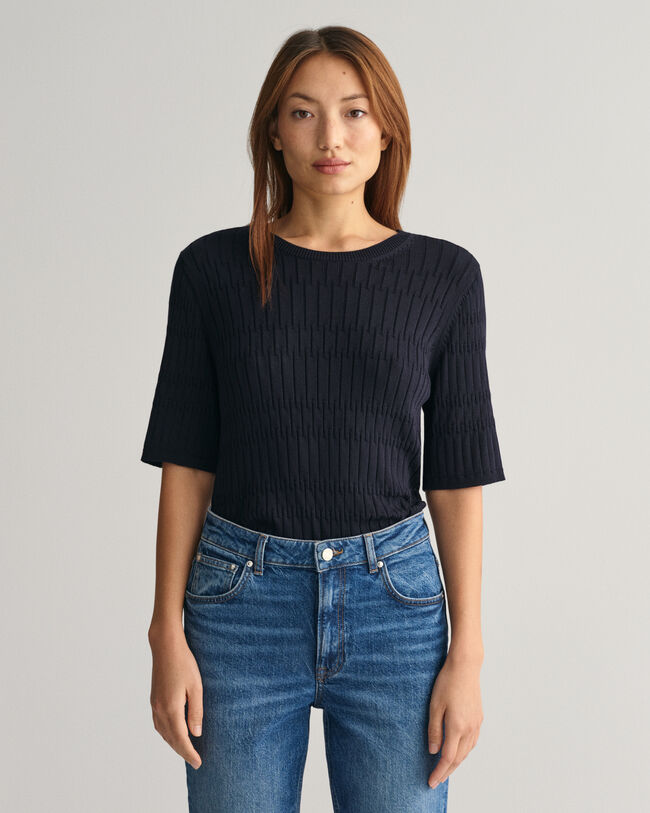 Textured Short Sleeve Crew Neck Sweater
