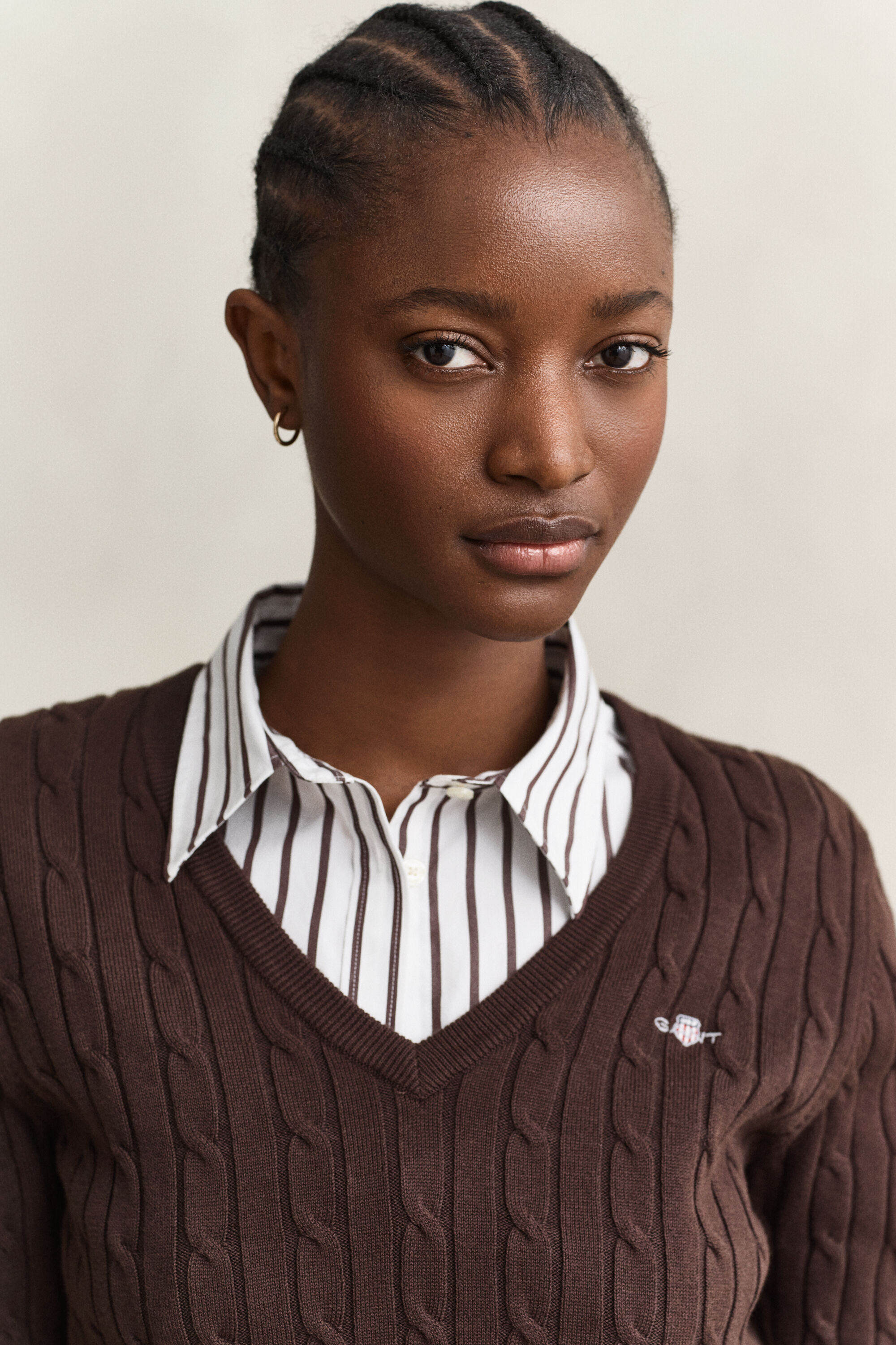 Stretch Cotton Cable Knit V-Neck Sweater