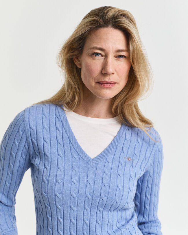 Stretch Cotton Cable Knit V-Neck Sweater