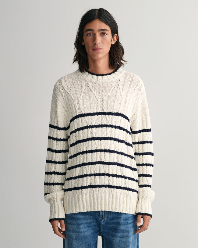 Striped Cable Knit Crew Neck Sweater