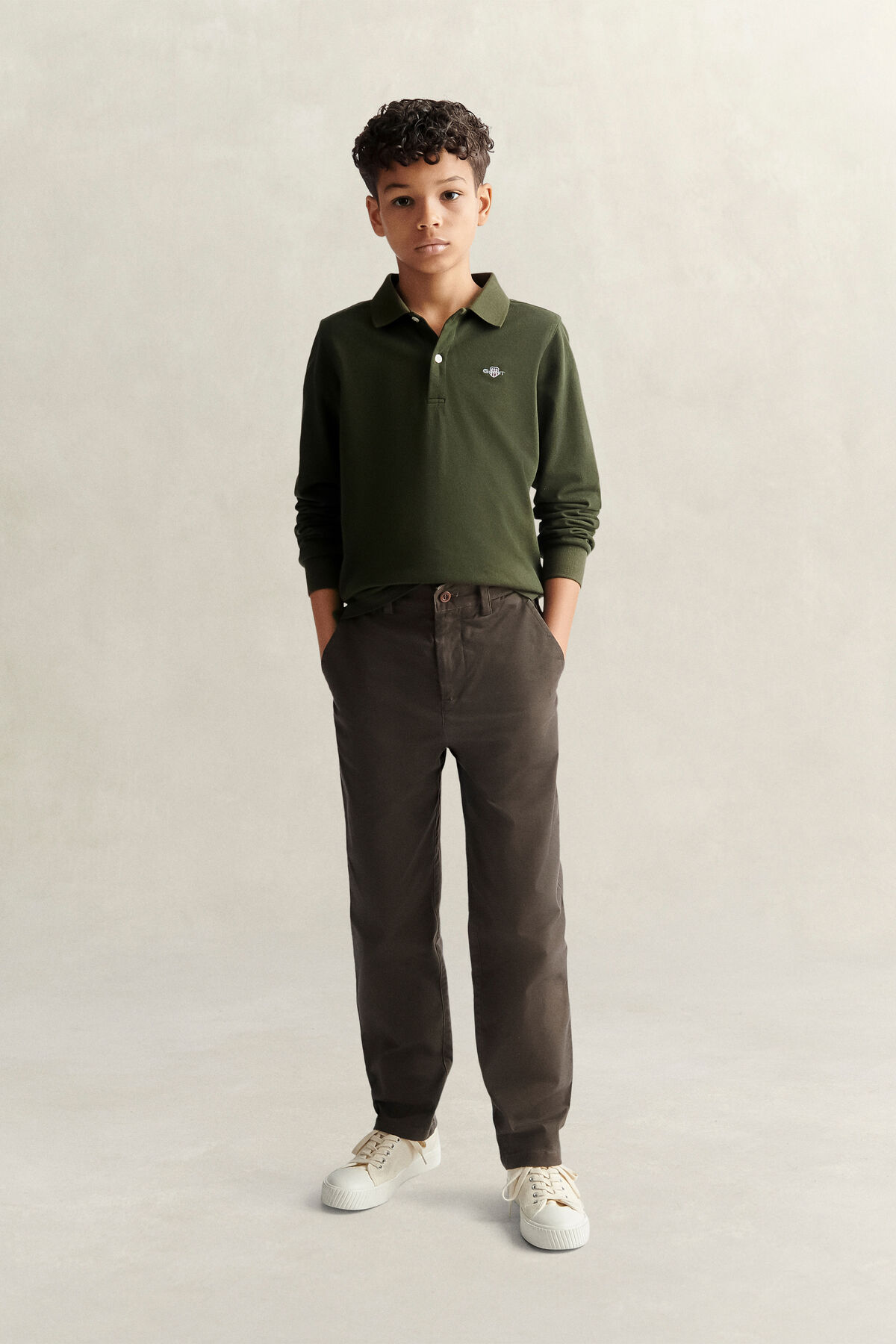 Teen Boys Shield Long Sleeve Polo Shirt — DARK MOSS GREEN
