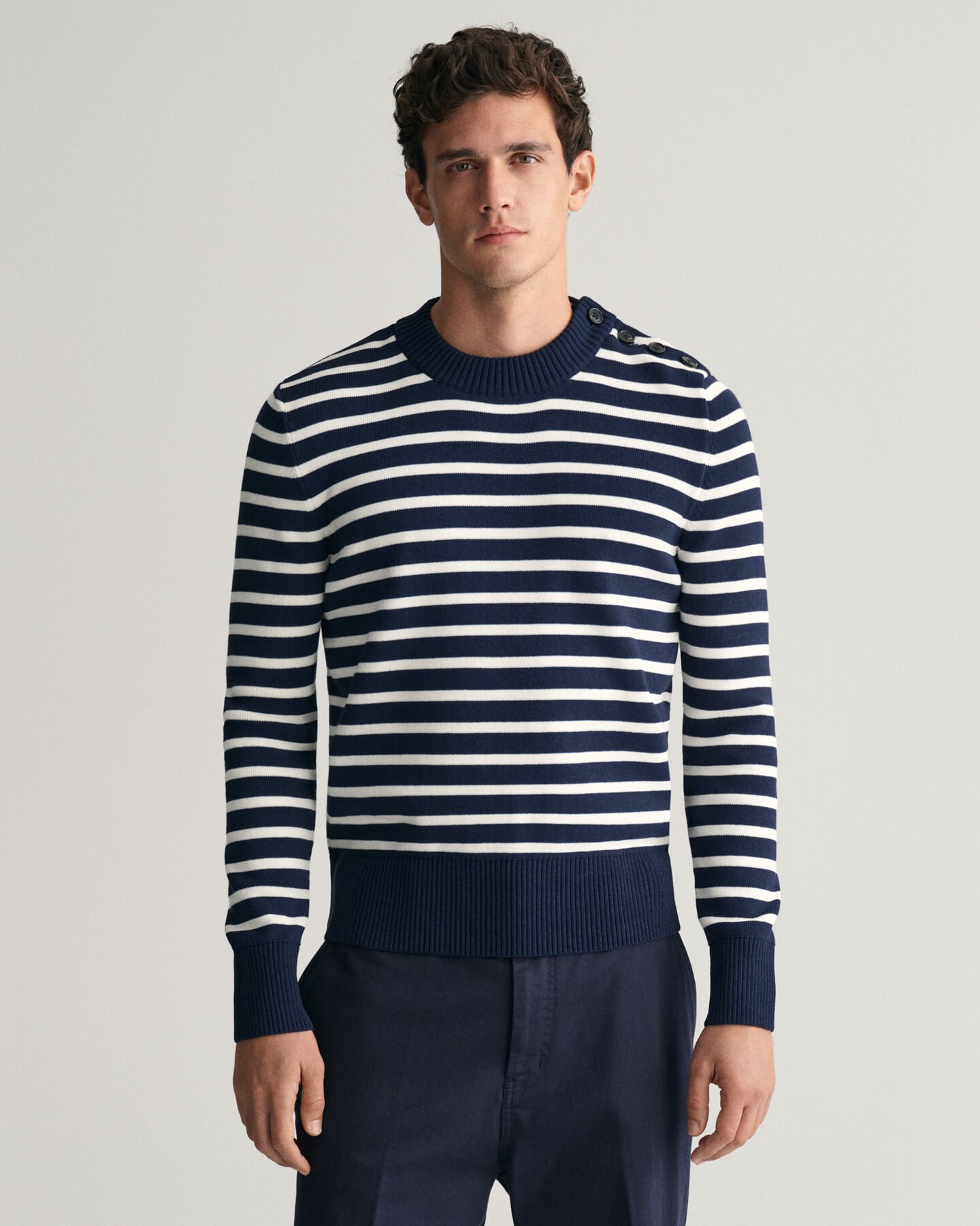 Breton Striped Shiny Cotton Crew Neck Sweater