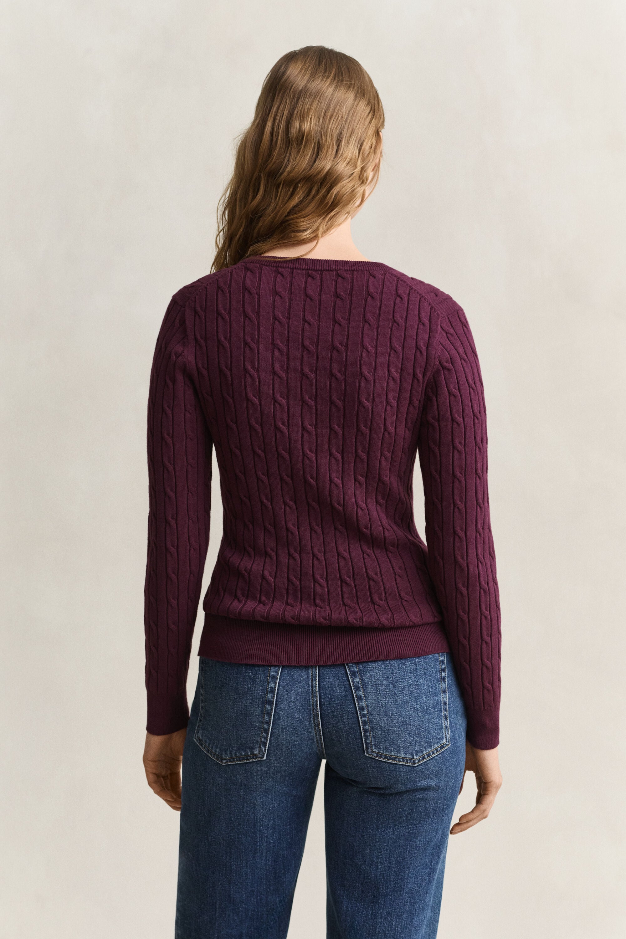 Stretch Cotton Cable Knit V-Neck Sweater