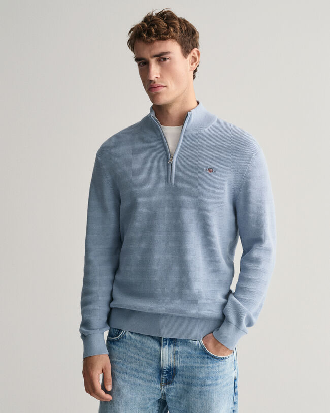 Striped Textured Cotton Half-Zip Sweater