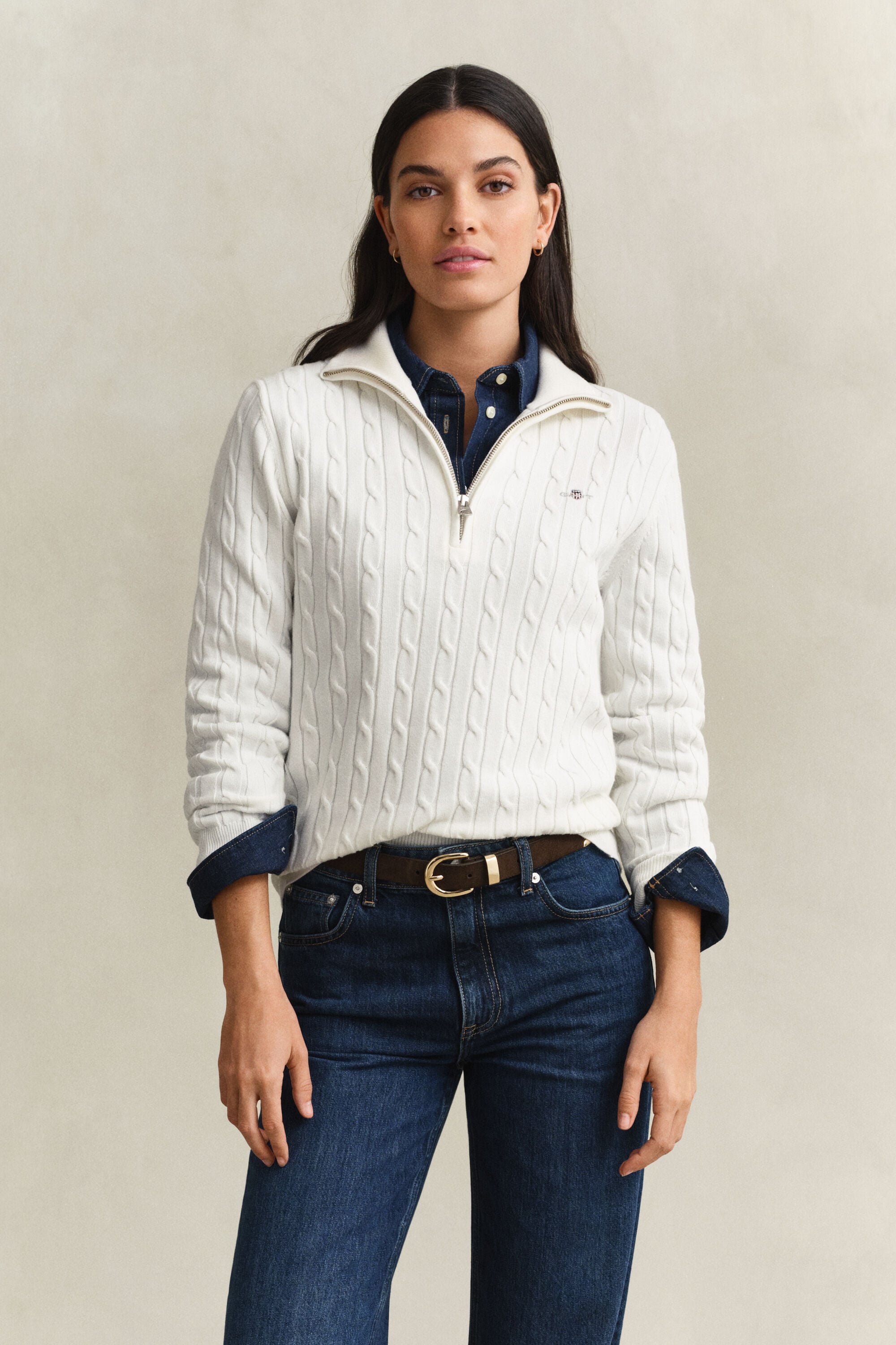 Stretch Cable Knit Half-Zip Sweater