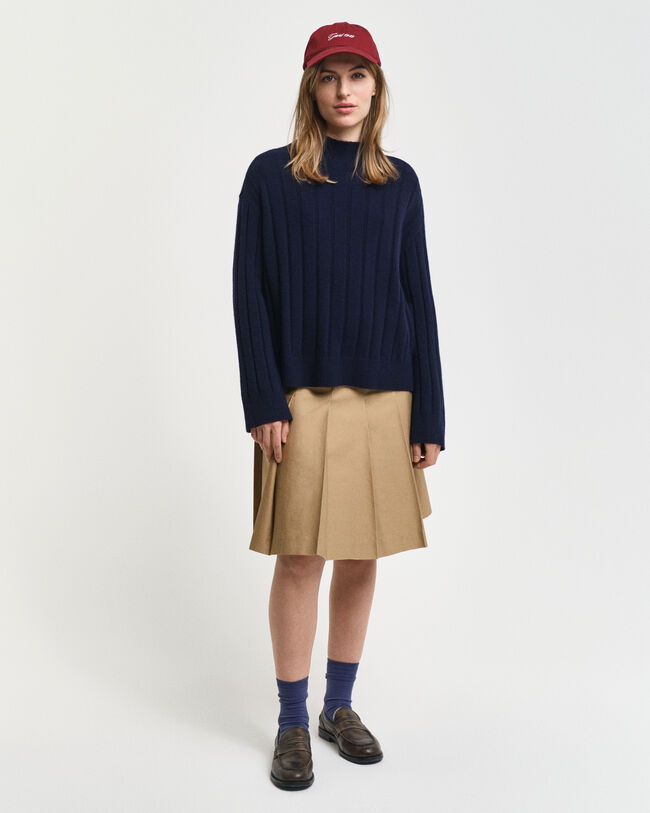 Wide Ribbed Wool Stand Collar Sweater