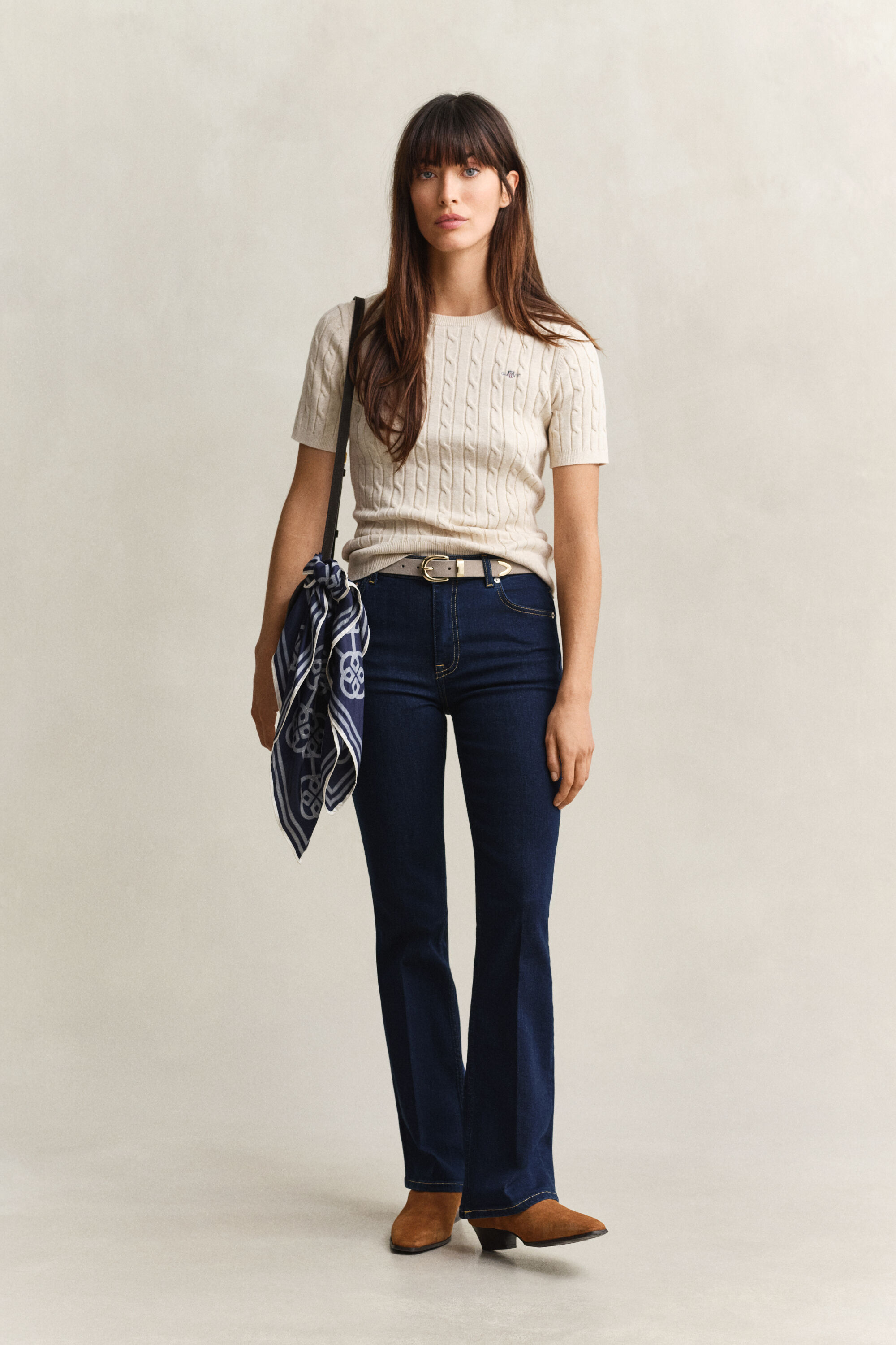 Stretch Cotton Cable Knit Short Sleeve Sweater