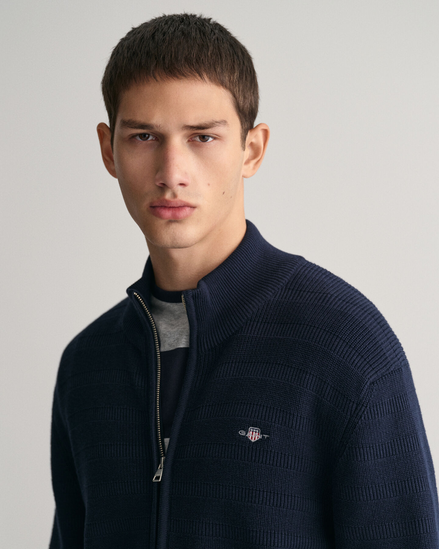 Striped Textured Cotton Zip Cardigan