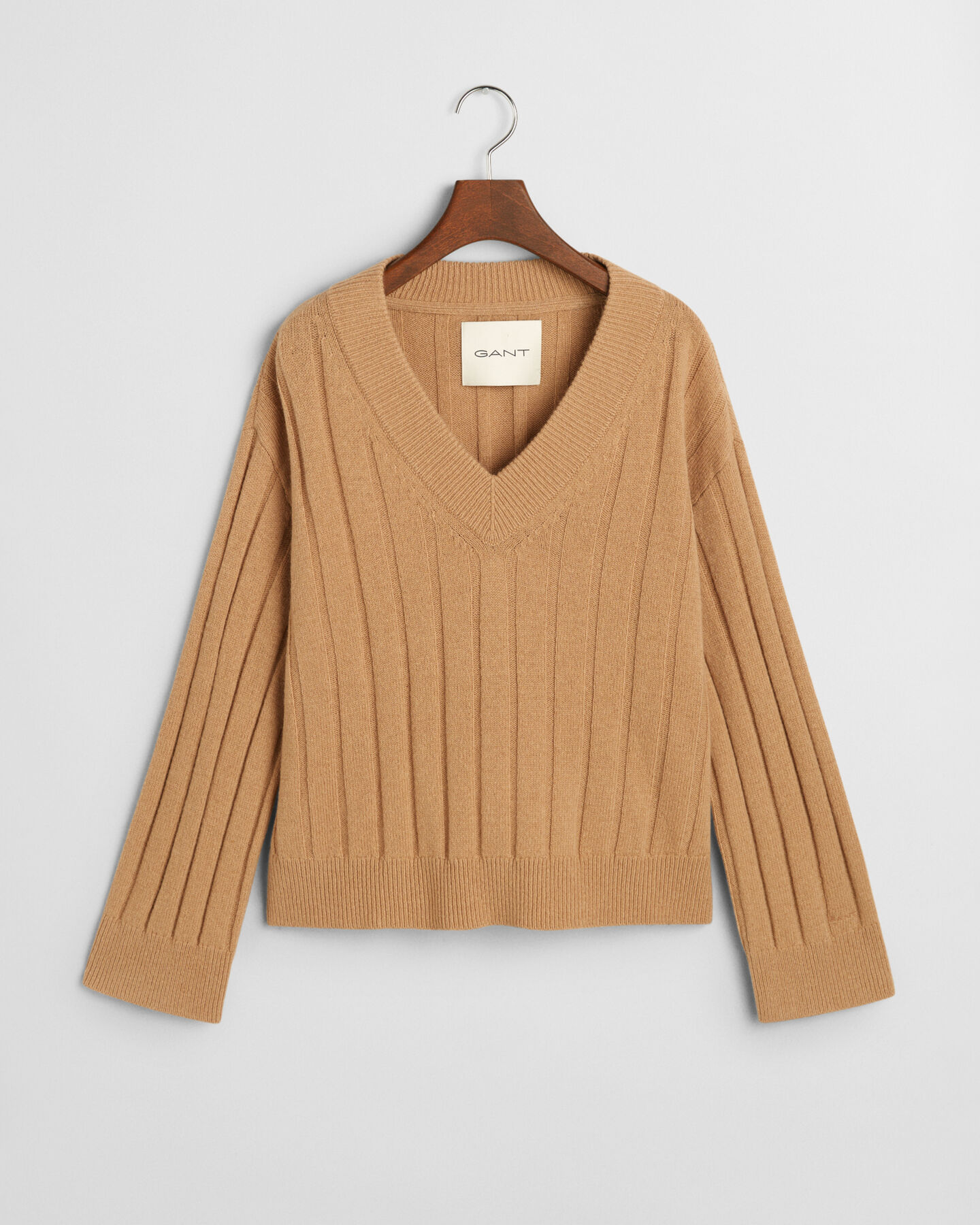 Wide Ribbed Wool V-Neck Sweater