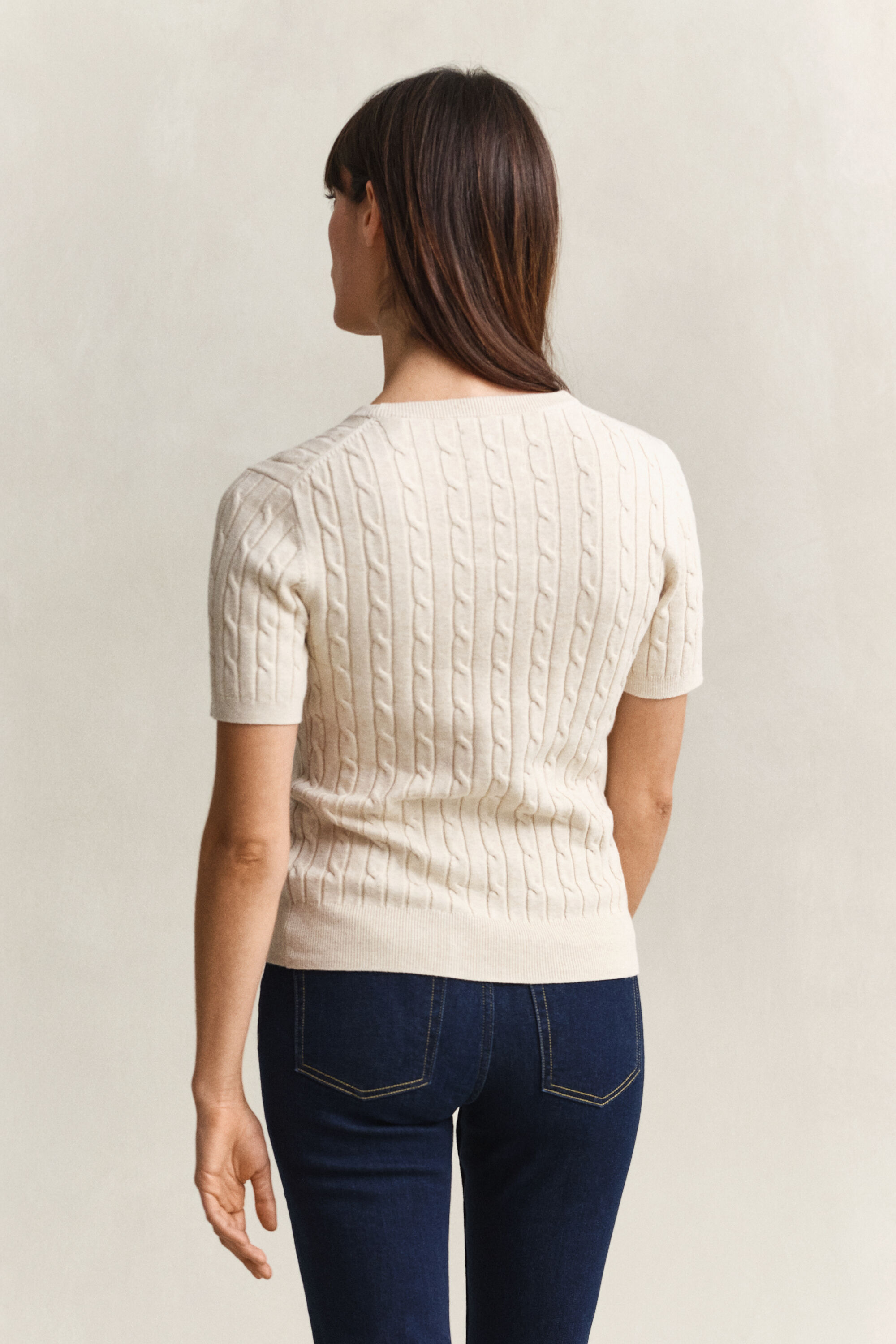 Stretch Cotton Cable Knit Short Sleeve Sweater
