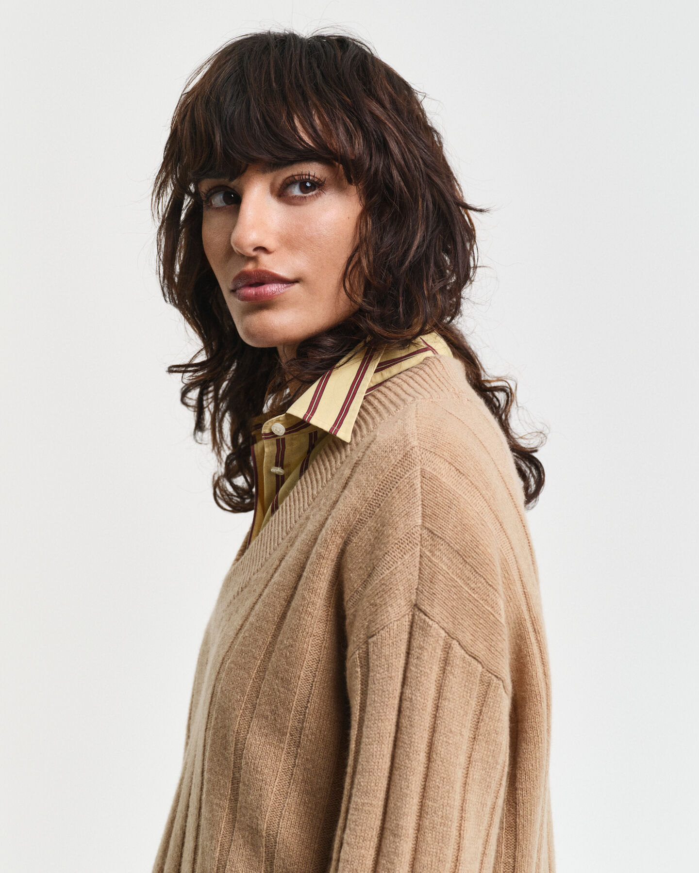 Wide Ribbed Wool V-Neck Sweater