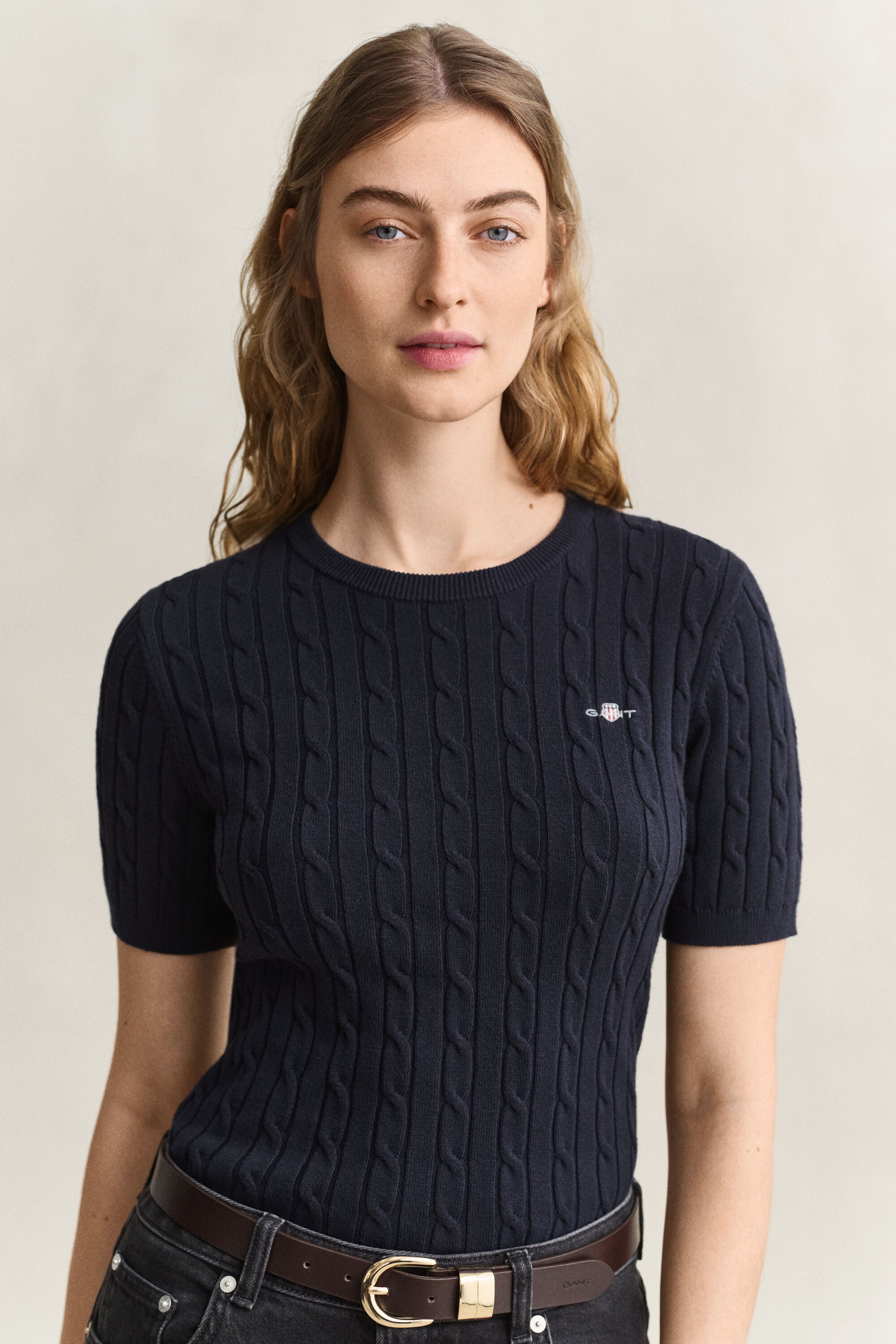 Stretch Cotton Cable Knit Short Sleeve Sweater