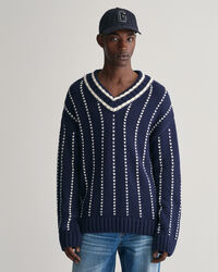 Pinstripe Collegiate V-Neck Sweater