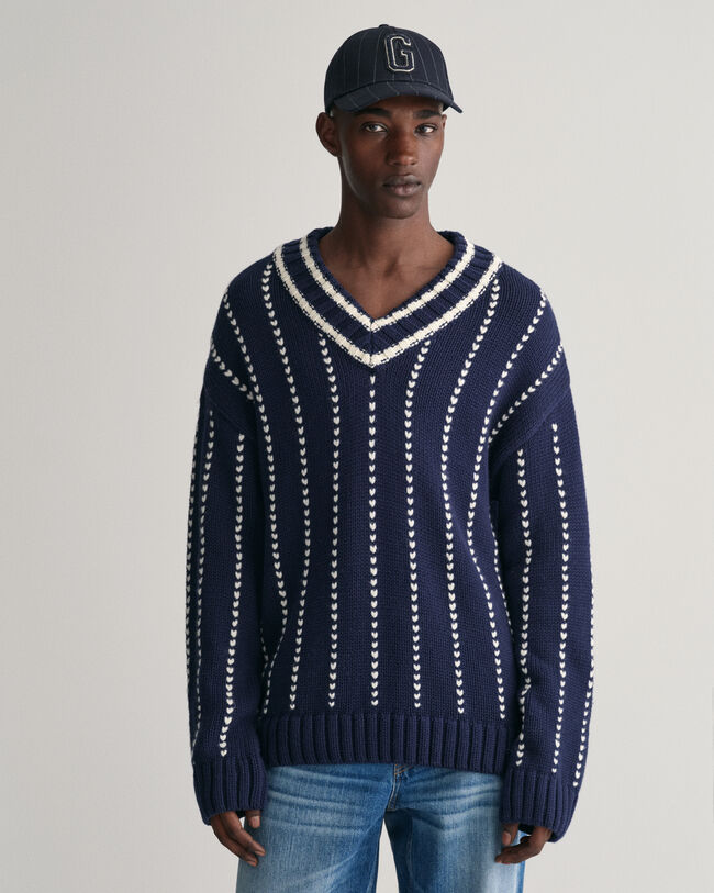 Pinstripe Collegiate V-Neck Sweater