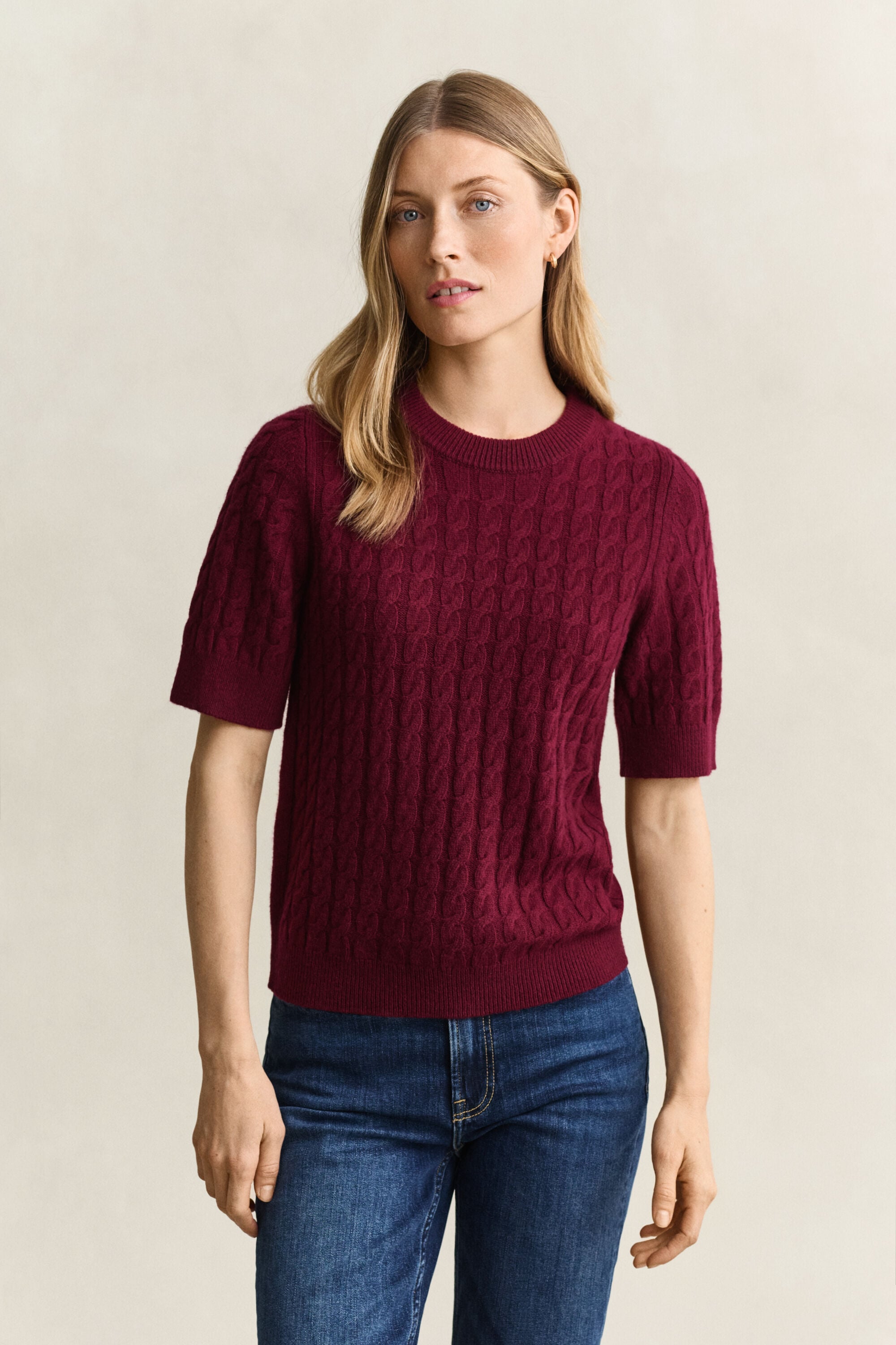 Wool Cashmere Cable Knit Short Sleeve Sweater