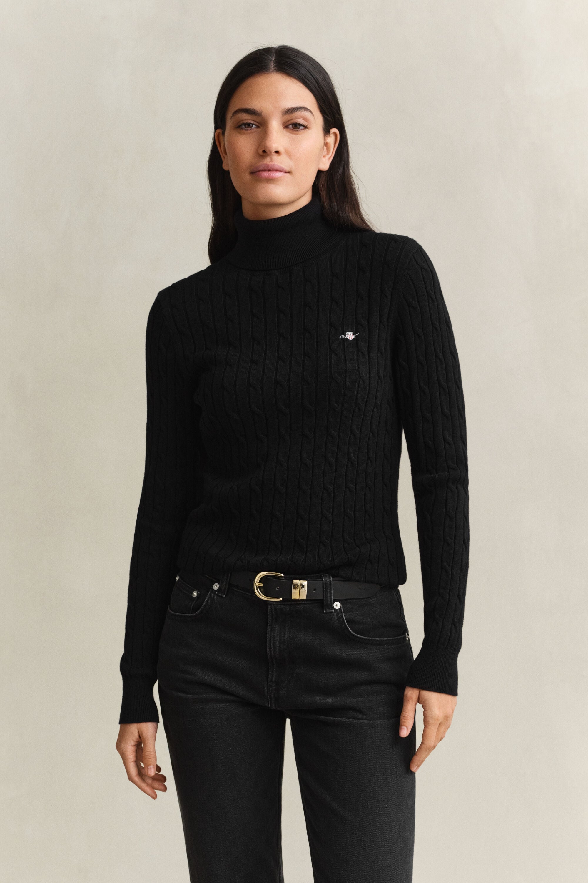 Stretch Cotton Cable Knit Turtleneck Sweater