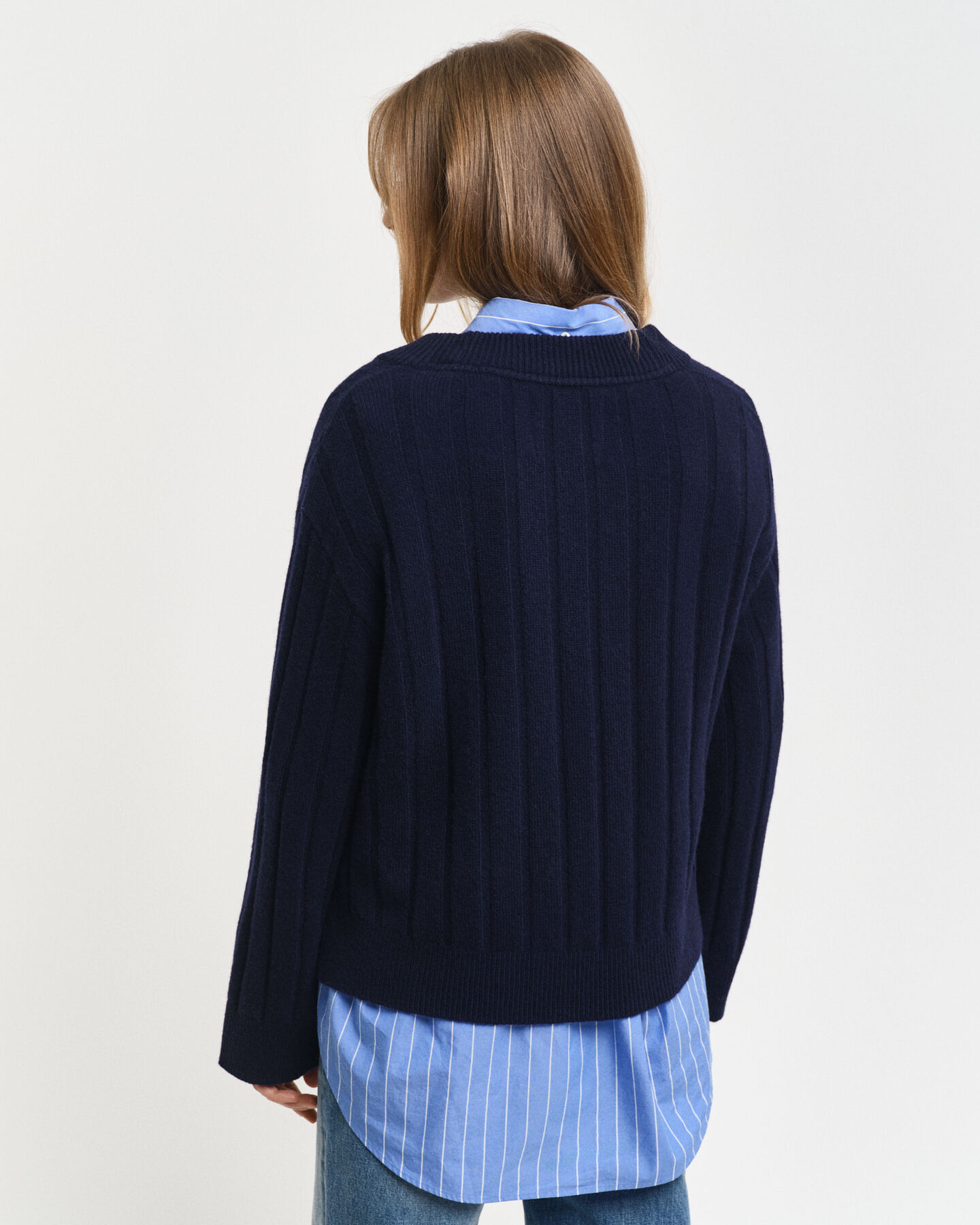 Wide Ribbed Wool V-Neck Sweater