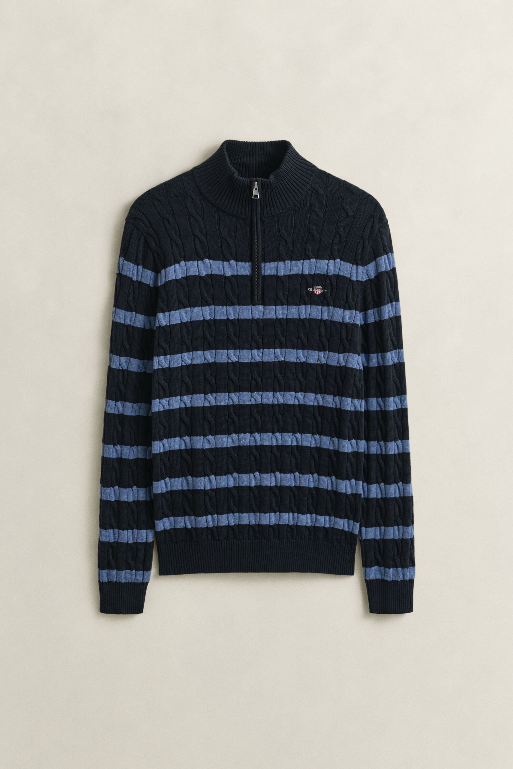 Striped Cotton Cable Knit Half-Zip Sweater