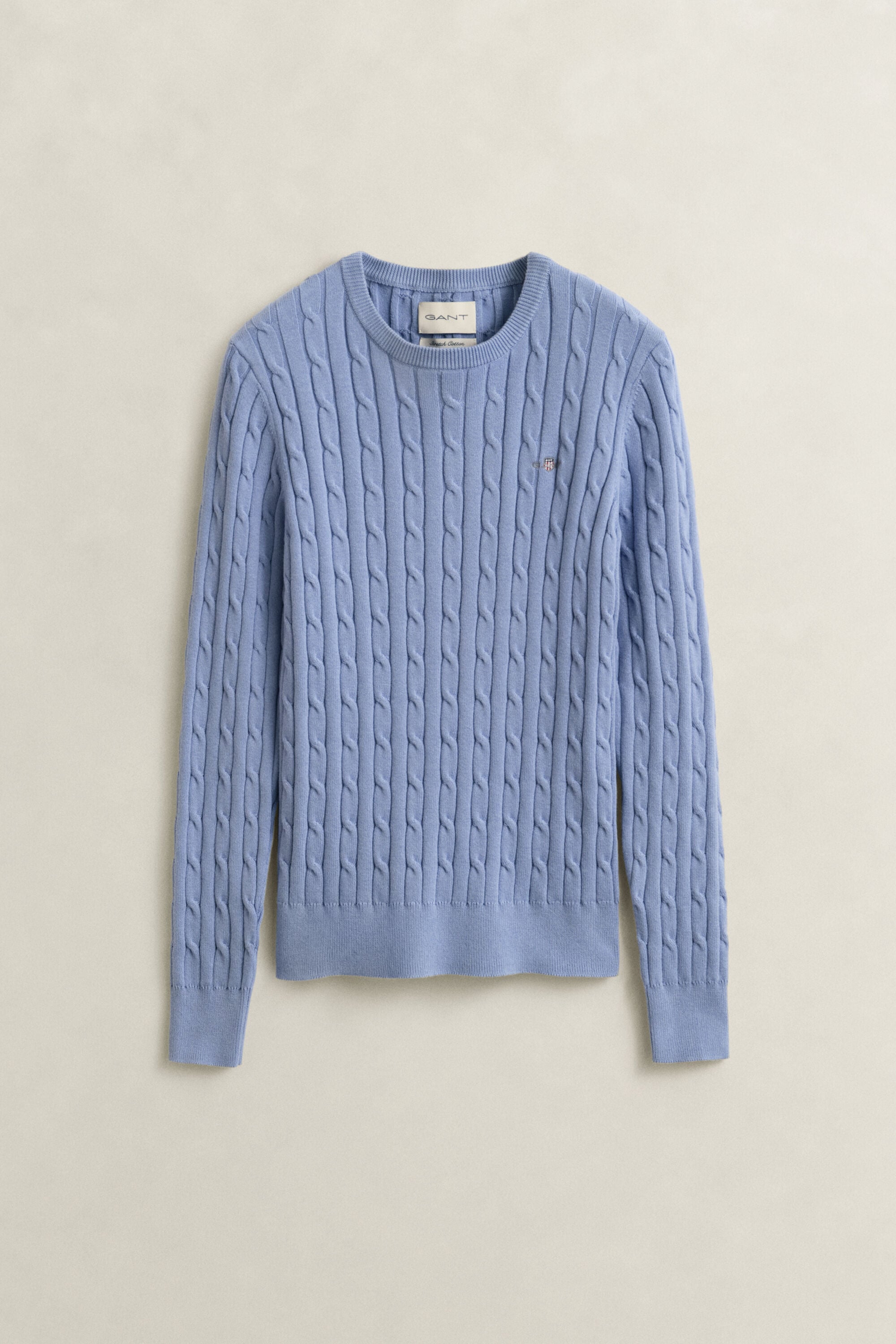 Stretch Cotton Cable Knit Crew Neck Sweater