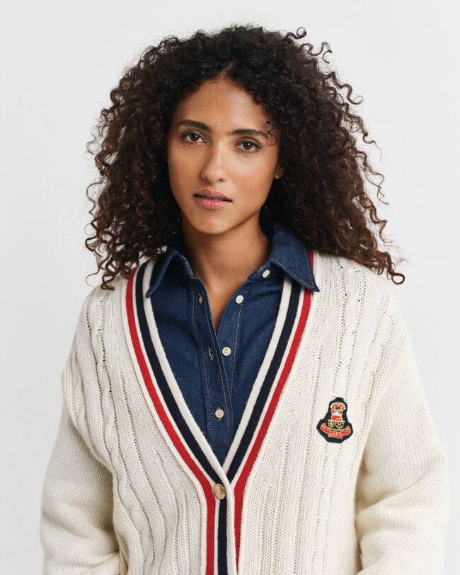 Gant Varsity Cable Knit V-Neck Cardigan