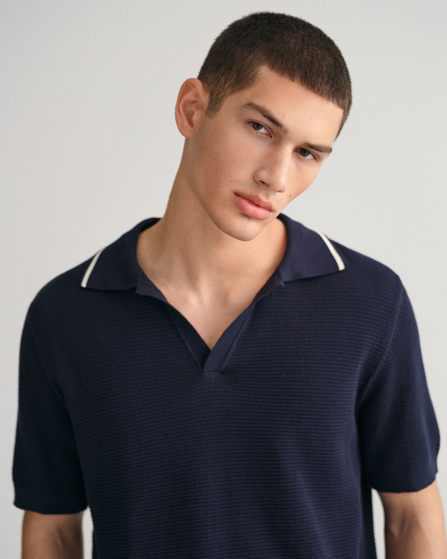 GANT open neck cotton texture knit polo in evening blue