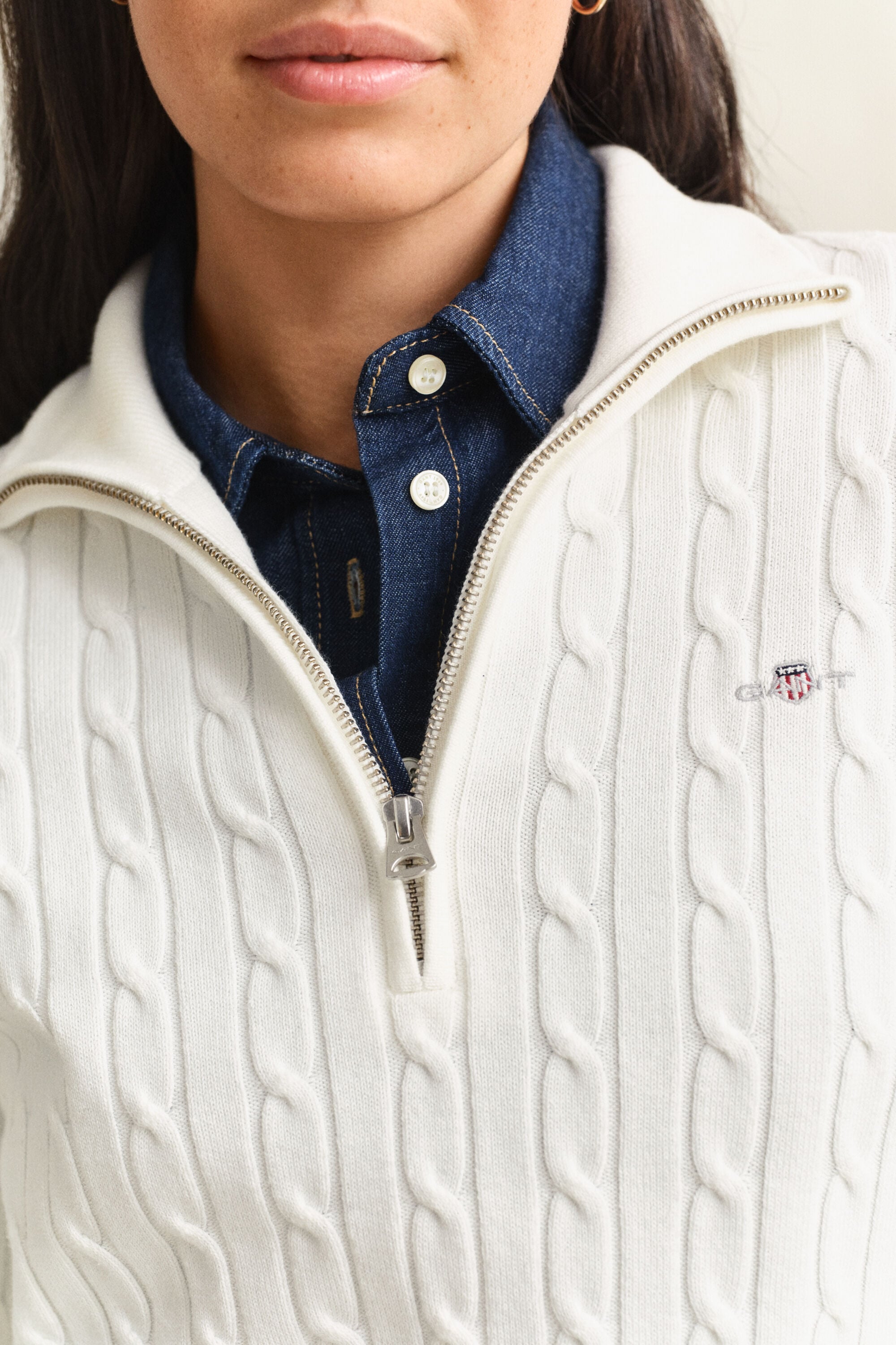Stretch Cable Knit Half-Zip Sweater