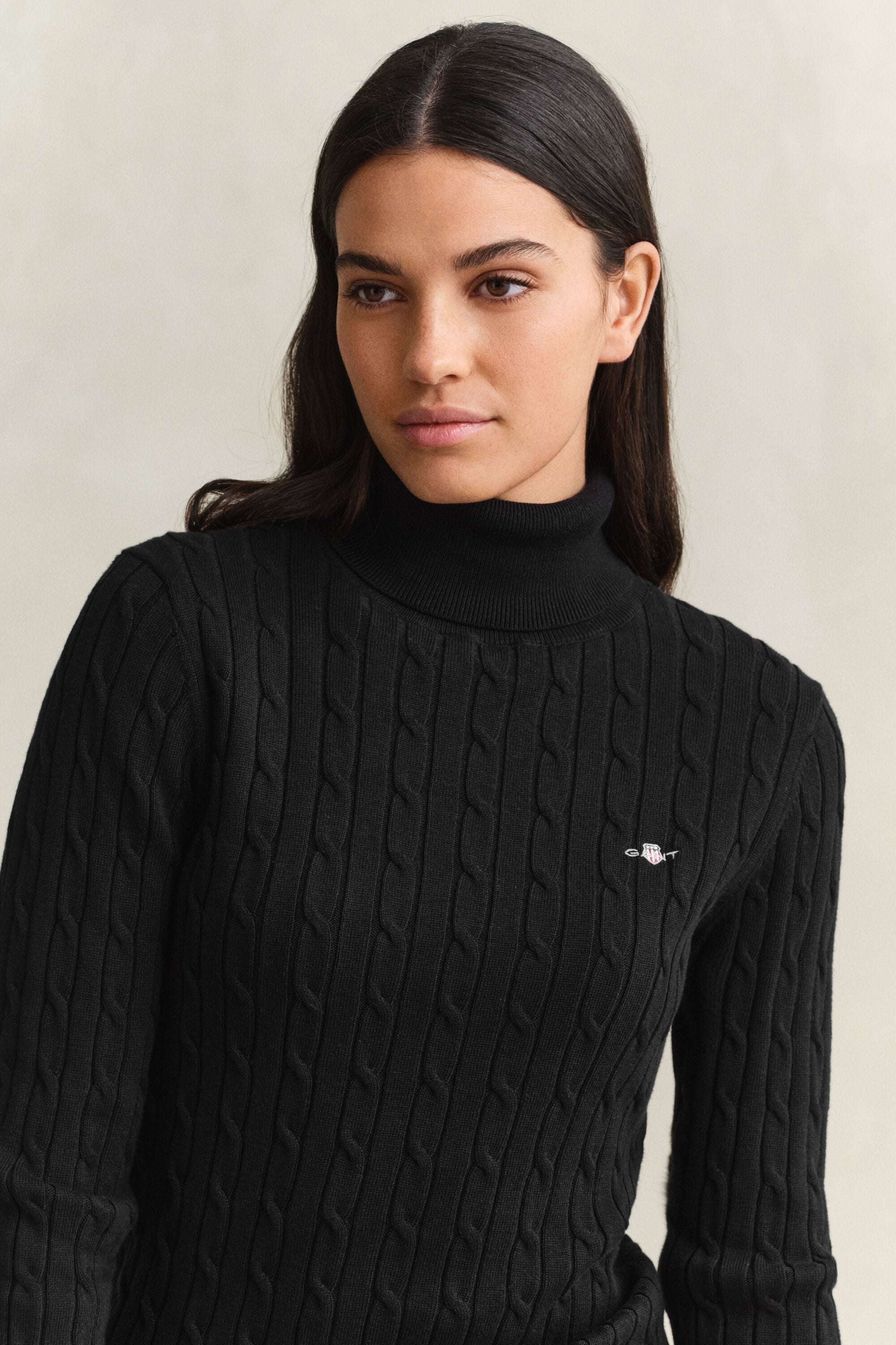 Stretch Cotton Cable Knit Turtleneck Sweater