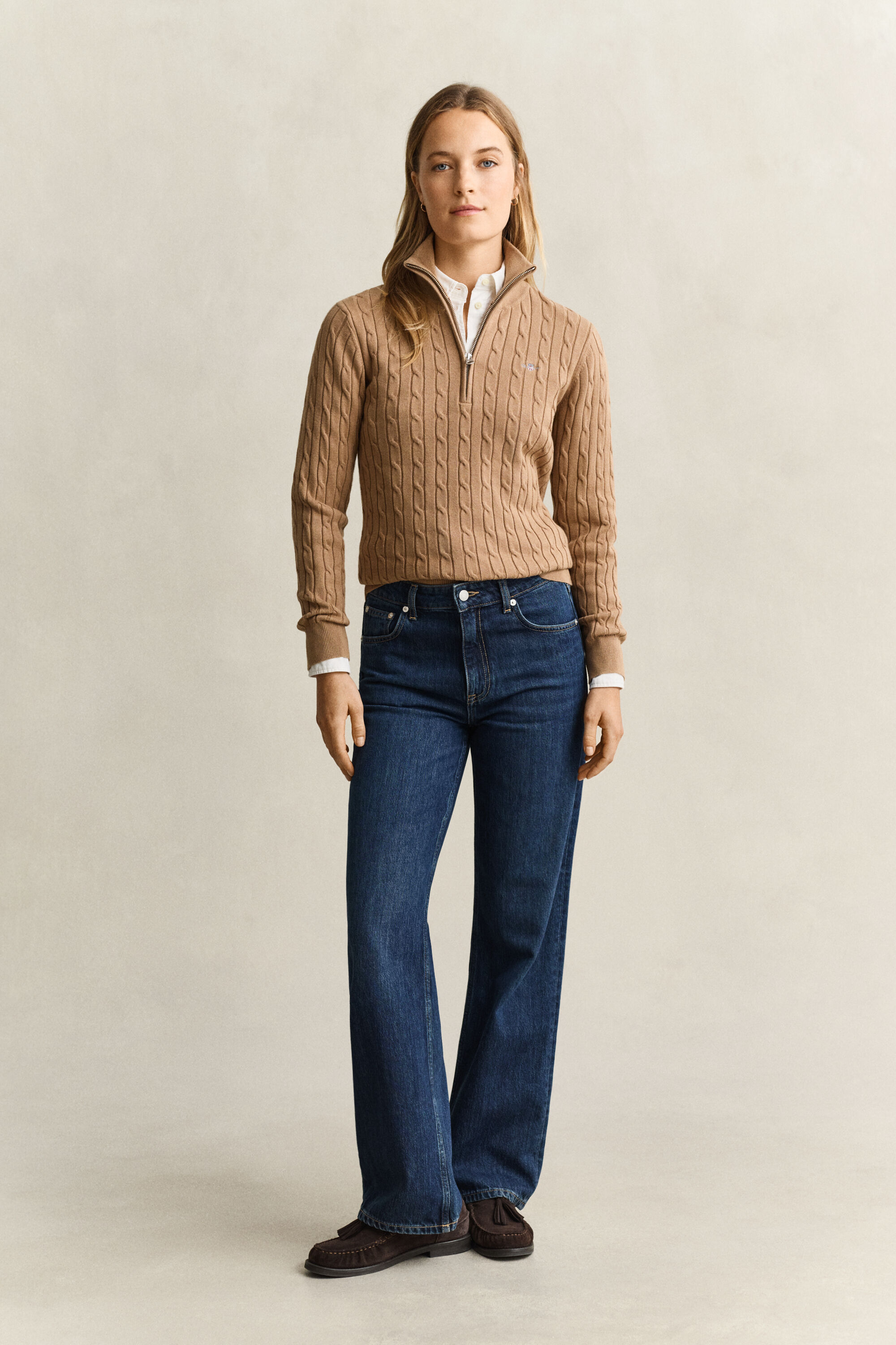 Stretch Cable Knit Half-Zip Sweater
