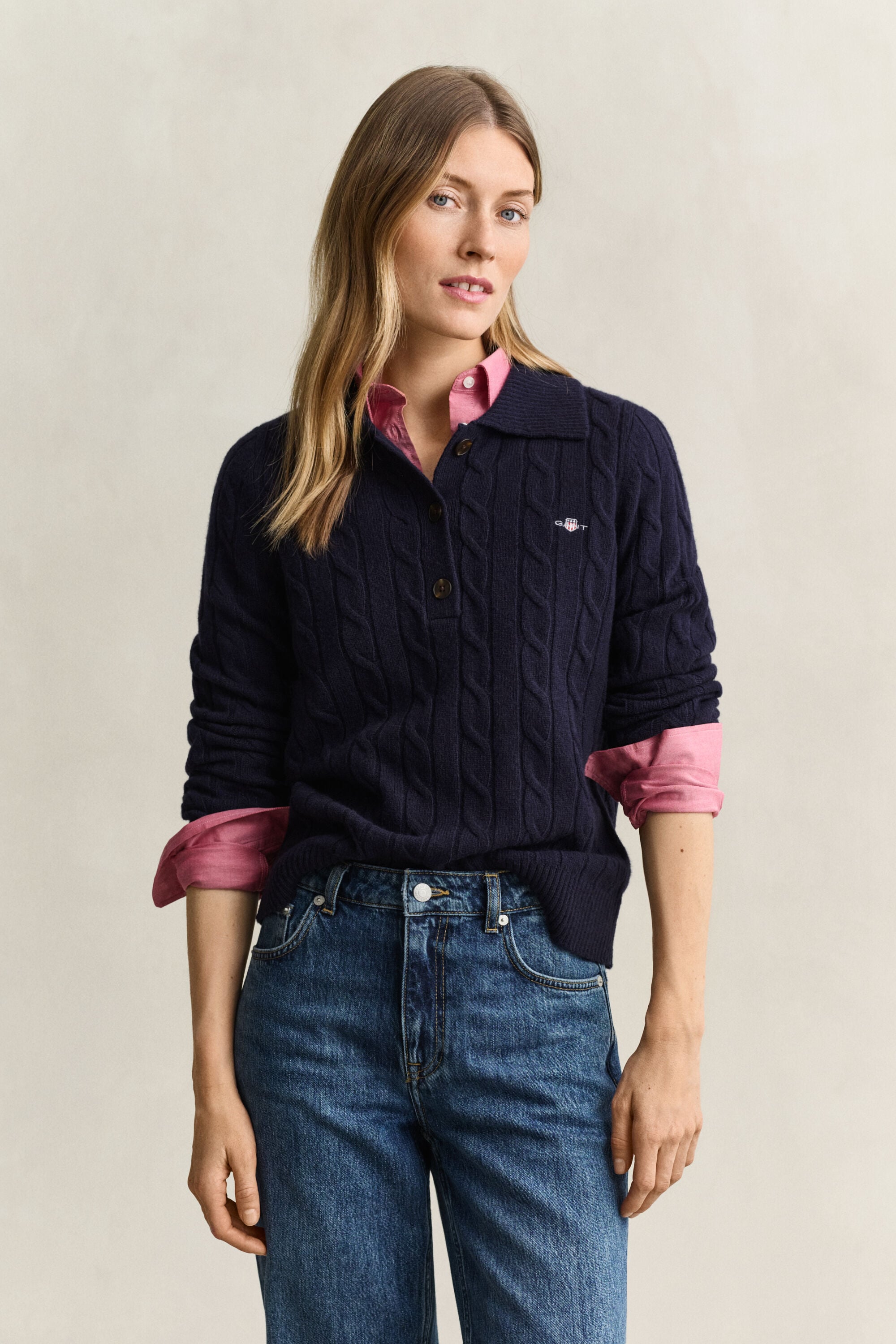Lambswool Cable Knit Rugger — EVENING BLUE