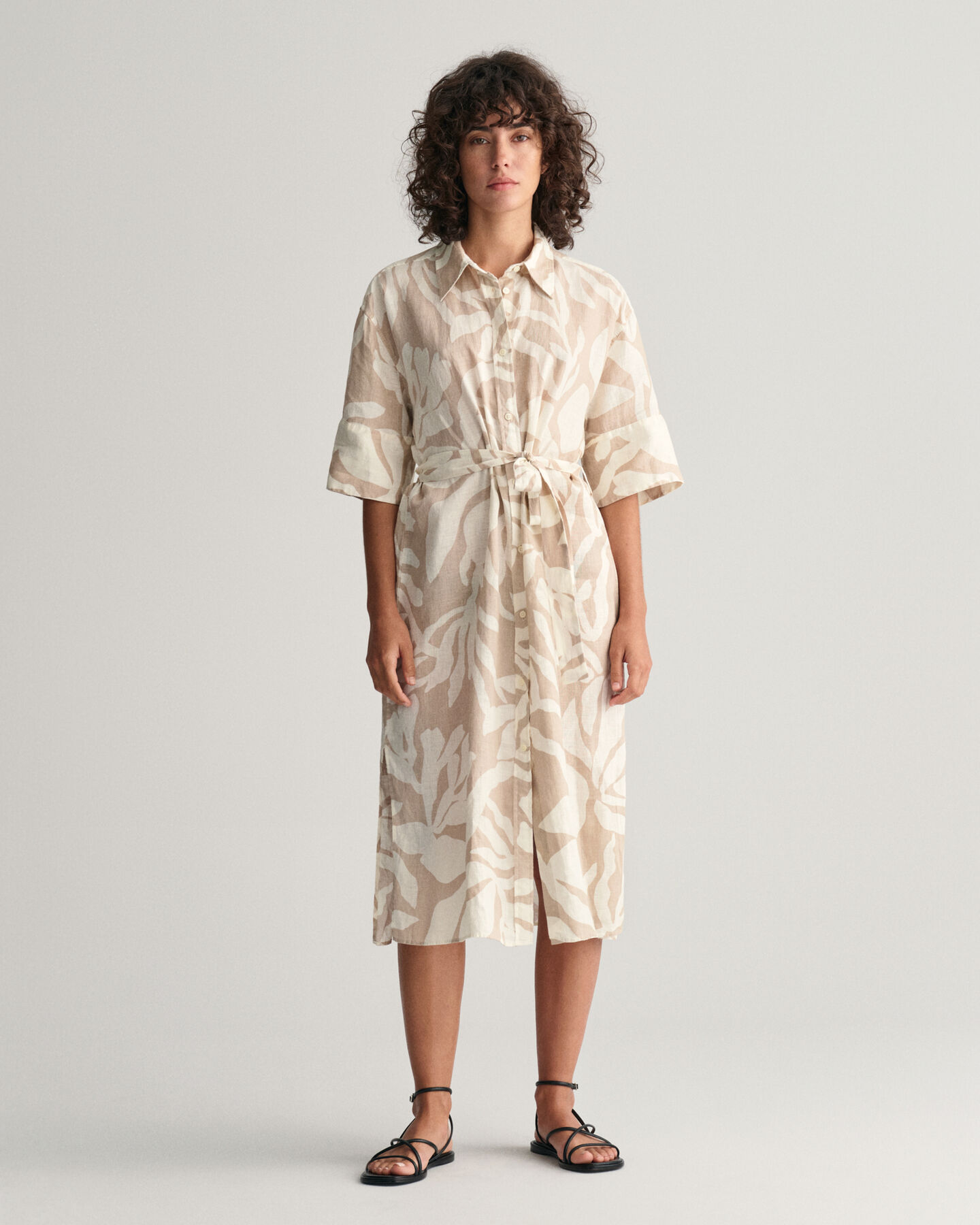 Palm Print Linen Shirt Dress