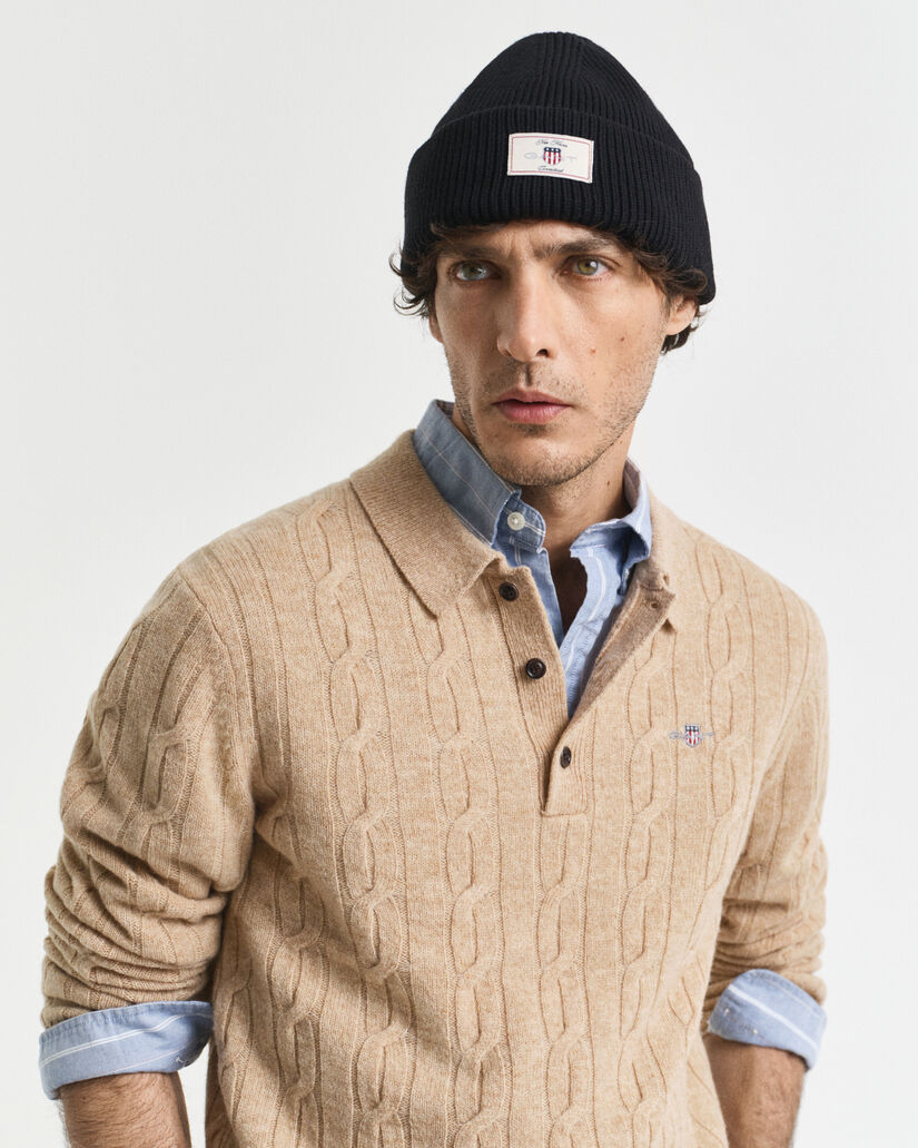 Lambswool Cable Knit Polo Sweater