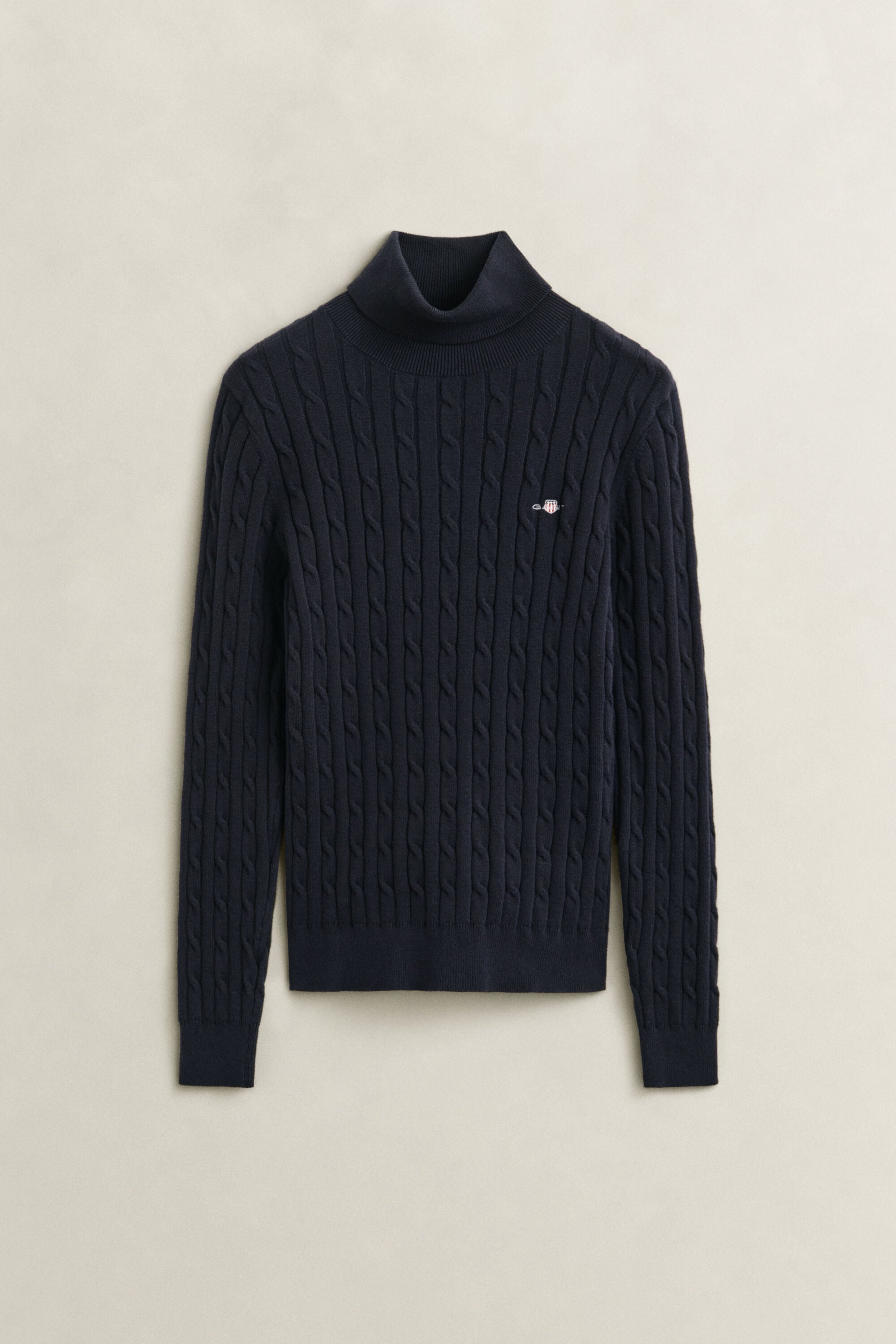 Stretch Cotton Cable Knit Turtleneck Sweater
