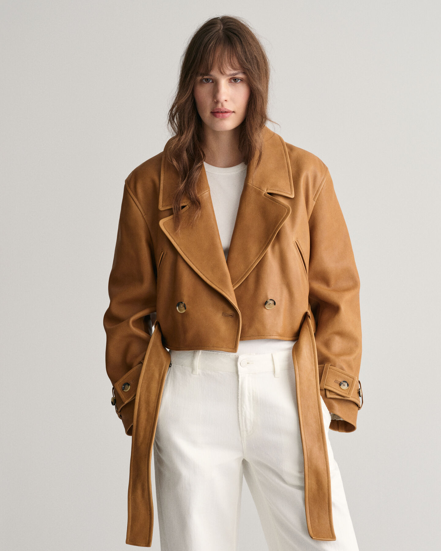 Cropped Leather Trench Jacket