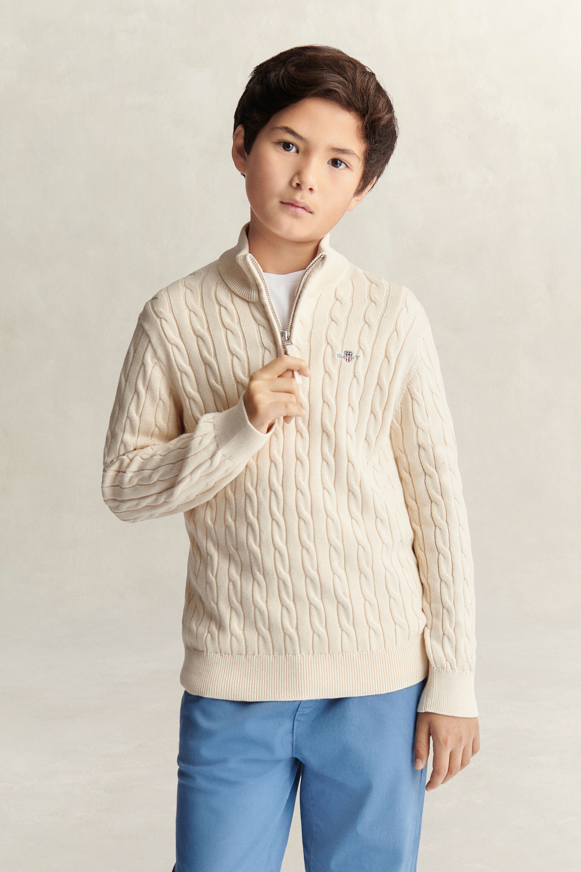 Teen Boys Shield Cable Knit Half-Zip Sweater