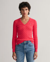 Stretch Cotton Cable Knit V-Neck Sweater