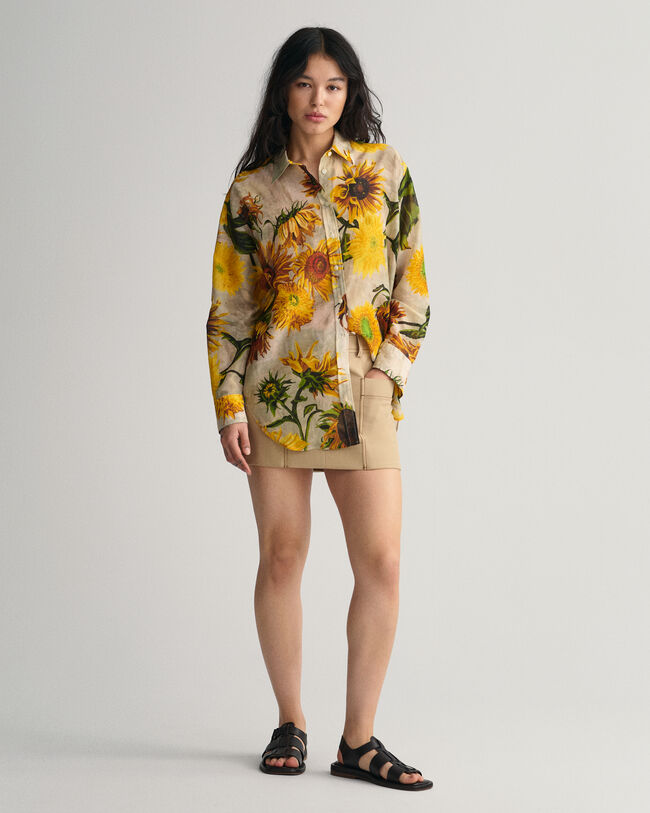 Relaxed Fit Sunflower Print Cotton Silk Shirt