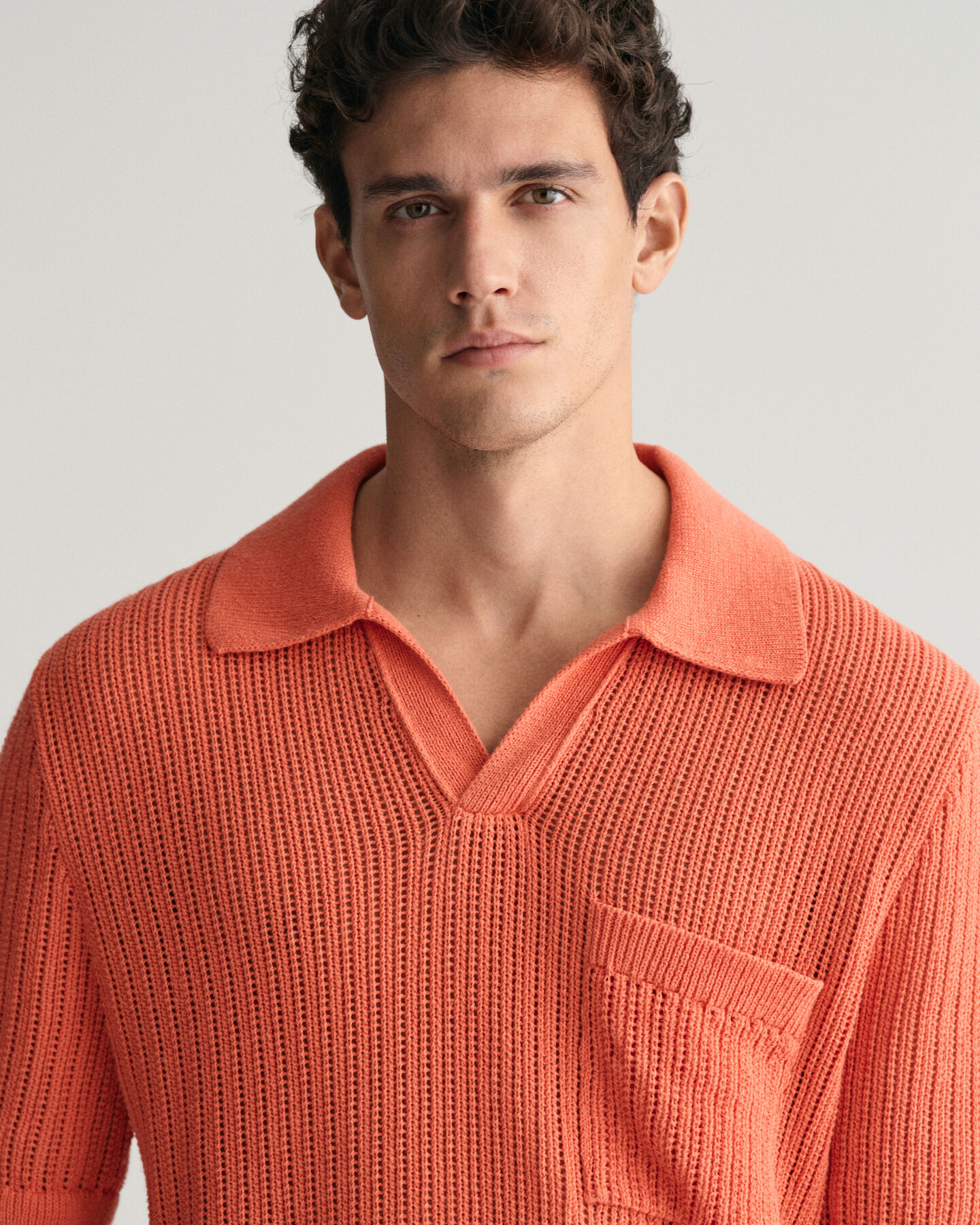 Ribbed Linen Blend Short Sleeve Polo Sweater