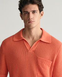 Ribbed Linen Blend Short Sleeve Polo Sweater