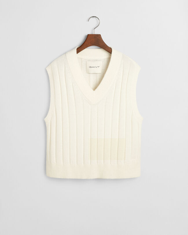 Wide Ribbed Wool V-Neck Sweater Vest