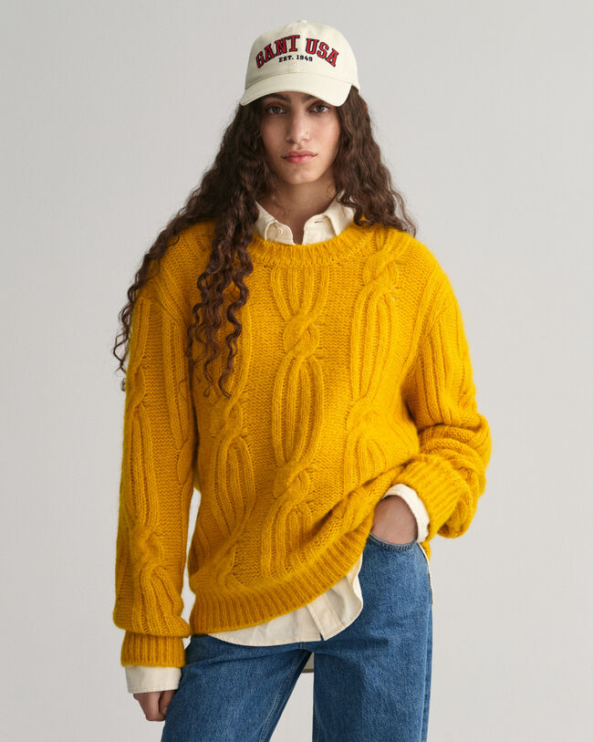 Furry Cable Knit Crew Neck Sweater